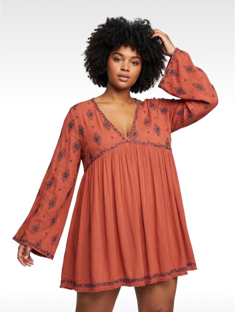 Free People Red/Rust Diamond Embroidered Boho V-Neck Tunic Dress Size Large